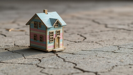 PNG ULTRA HD 8K Worn Wooden Toy House on Cracked Concrete - Small Weathered Miniature House, Aged Wood Texture, Resting on Rough Broken Pavement, Fully Isolated, Crisp Focus, High-Resolution Stock