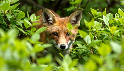 Obraz premium Red fox in green foliage
