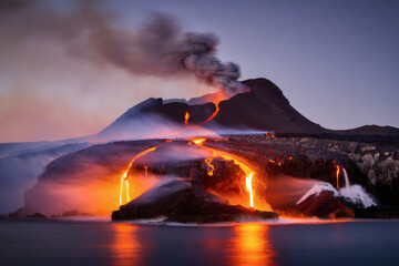 Burning mountains erupt with smoke and fiery lava under a dark, dangerous sky