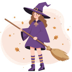 Young woman witch holding broomstick with autumn leaves background  