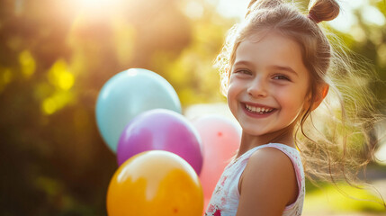 Happy Little Girl Holding Colorful Balloons Outdoors