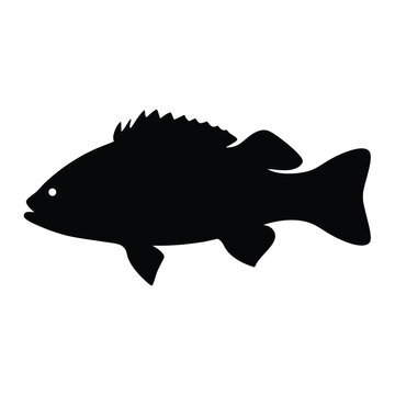 Black silhouette of a rockfish swimming in the ocean on white background