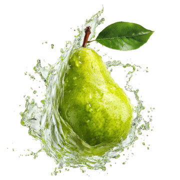 pear is surrounded by splashing water, isolated on transparent background
