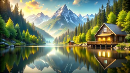 Fototapeta premium Cozy cabin by a lake with mountain backdrop at sunrise.