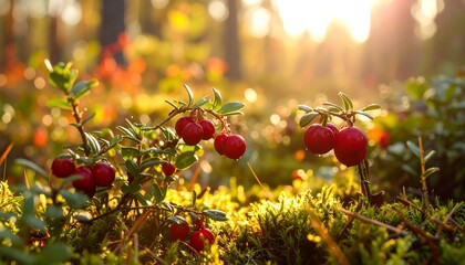 Red berries in forest at sunset