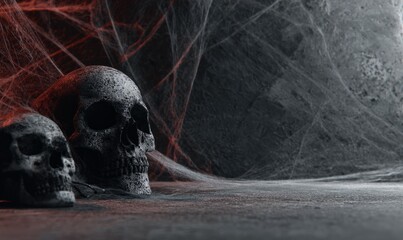 Two human skulls rest amidst a dark, cavernous setting draped with cobwebs, illuminated by an eerie red glow.