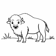 A charming and simple black and white line drawing of a cartoon bison standing on grass with a friendly expression perfect for children s books and educational materials