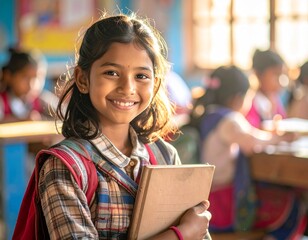 Young happy Nepalese school girl holding a notebook in the classroom in sunlight.