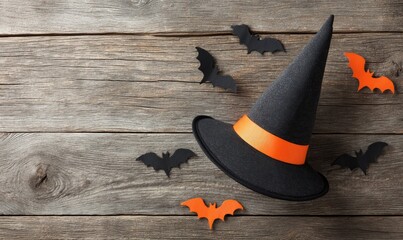 Witch's hat and paper bats on rustic wooden background, Halloween decoration.