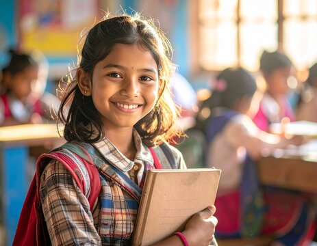 Young happy Nepalese school girl holding a notebook in the classroom in sunlight. 
