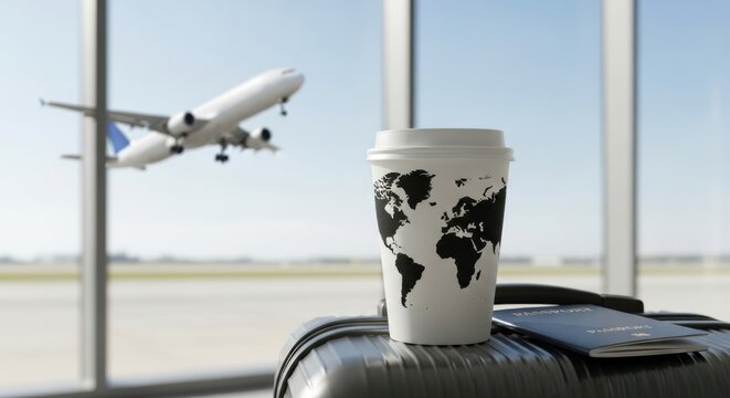Travel Coffee Cup and Luggage at Airport Terminal