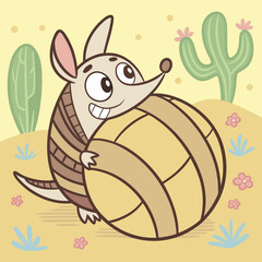 A cheerful cartoon armadillo with a big smile hugs a large round tan ball in a whimsical desert landscape with cacti and small flowers