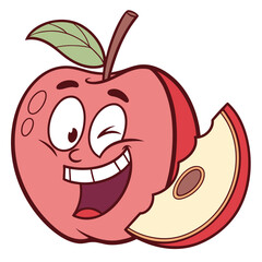 A cheerful cartoon apple character with a big smile and a bite taken out of it winking and looking happy