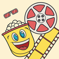 A cheerful cartoon bucket of popcorn with a happy face a vintage film reel and 3d glasses representing a fun movie experience