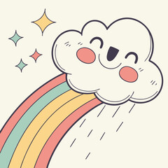 A cheerful cartoon cloud with rosy cheeks and a wide smile is raining and accompanied by a colorful rainbow and sparkling stars conveying a sense of joy and optimism