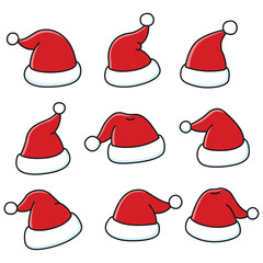 Set of cartoon Santa hats. Christmas design. Isolated white background. Vector flat illustration.