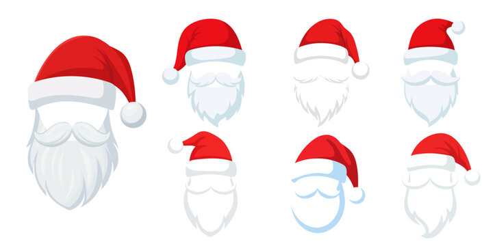 Set of Santa Claus hats. Red Santa hats with beard and mustache. Vector.