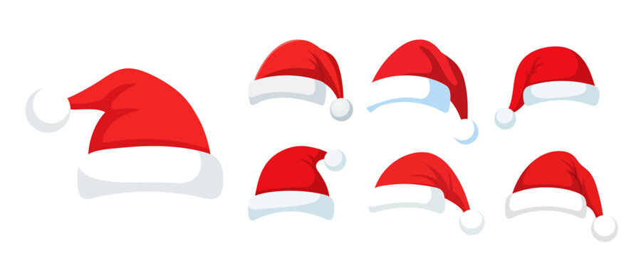 Collection of red santa claus hats. Vector.