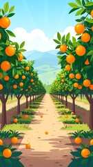 Orange orchard path, sunny day