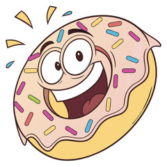 A cheerful cartoon donut character with a wide smile big eyes and colorful sprinkles expressing joy and excitement with a playful happy face and energetic splashes around it