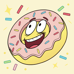 A cheerful cartoon donut with a big smile and wide eyes surrounded by colorful sprinkles and sparkling stars conveying joy and celebration in a fun whimsical illustration