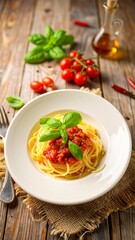 Italian Spaghetti Pasta with Tomato Sauce and Basil Garnish Isolated on Wooden Background for Traditional Cuisine Object and Delicious Meal Concept