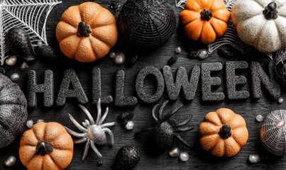 Spooky Halloween decorations featuring pumpkins, spiders, and cobwebs arranged around the word "Halloween.".