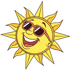 A cheerful cartoon sun wearing stylish sunglasses and a wide happy smile radiating warmth and joy on a bright sunny day illustration