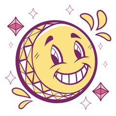 A cheerful cartoon sun character with a wide toothy smile and sparkling diamond like facets surrounded by celebratory starbursts and droplets conveying joy and brilliance