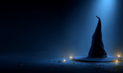 A witch's pointed hat sits on a dark stage, illuminated by candles, creating a mystical Halloween scene.