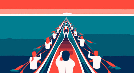 Graphic illustration of a rowing team in a long boat, working in unison and moving forward towards a common goal on the horizon.