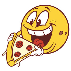A cheerful smiling yellow emoji character with large eyes and an open mouth joyfully holding and about to eat a delicious slice of pepperoni pizza with melted cheese