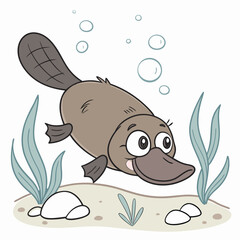 A cute cartoon platypus swims happily underwater surrounded by aquatic plants and bubbles showcasing its unique bill and beaver tail in a playful scene