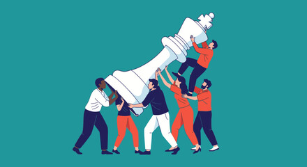 A diverse group of people work together in collaboration, lifting a giant white king chess piece, symbolizing teamwork and strategy.
