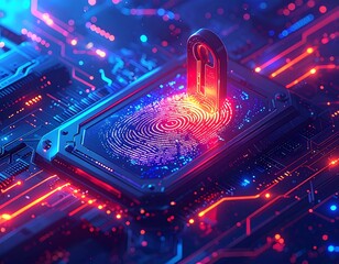 Futuristic circuit board with fingerprint and lock