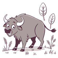 A happy cartoon bull with large eyes and a wide smile stands in a grassy field with simple leaves and stalks of wheat in a charming illustration style