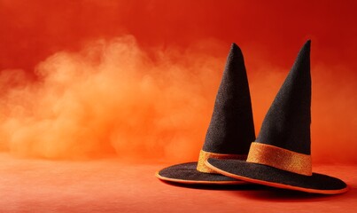 Two black witch hats with orange-gold bands sit against a smoky orange backdrop.