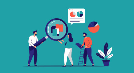 A business team collaborates on data analysis and market research, using a magnifying glass to examine information, with charts and graphs in the background.