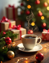 Warm Christmas Coffee: Festive Steam, Gifts, and Lights on Rustic Wood