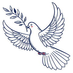 A simple and elegant line art illustration of a white dove with outstretched wings carrying a green olive branch in its beak symbolizing peace and hope perfect for various design projects