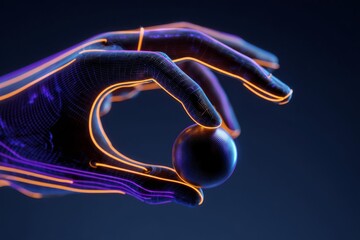 A glowing robotic hand delicately holds a small blue sphere radiating with vibrant colors showcasing technology and creativity