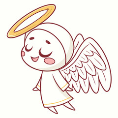 Adorable cartoon angel with closed eyes and a gentle smile wearing a white robe and a golden halo with feathered wings outstretched conveying peace and serenity in a simple charming illustration
