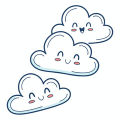 Three cartoon clouds with smiling faces and rosy cheeks, each showing a different playful expression, outlined in blue and white.