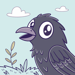 Adorable cartoon crow with big eyes and an open beak looks up at fluffy clouds in a light blue sky surrounded by grass and a small plant