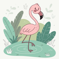 Adorable cartoon pink flamingo standing on one leg in a tranquil pond surrounded by lush green tropical foliage and soft pastel background