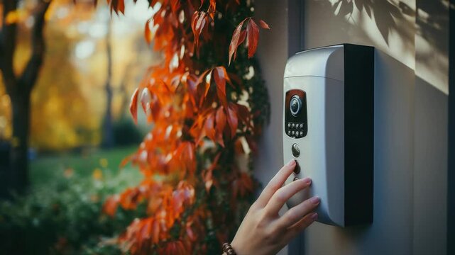 Person pressing doorbell in a lush garden during autumn afternoon