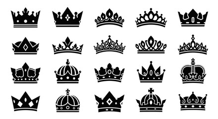 Crown silhouette collection. A diverse set of black vector icons representing royalty, monarchy, and luxury. Graphic design elements for heraldry