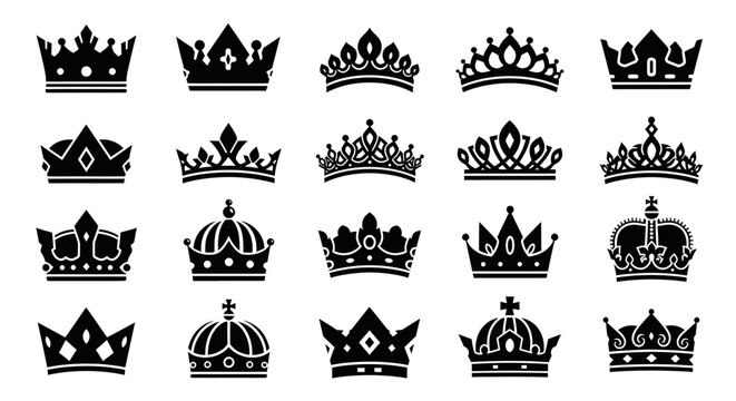Crown silhouette collection. A diverse set of black vector icons representing royalty, monarchy, and luxury. Graphic design elements for heraldry