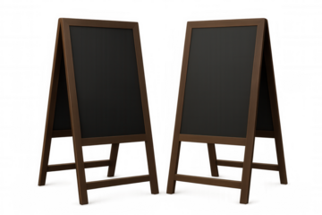 Wooden a-frame chalkboard signs featuring blank writing surfaces, ready for custom menu or announcement text, positioned against transparent background