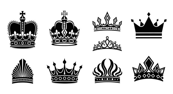 A diverse set of eight royal crown and tiara icons, presented in a bold black vector silhouette style for heraldic design and luxury branding